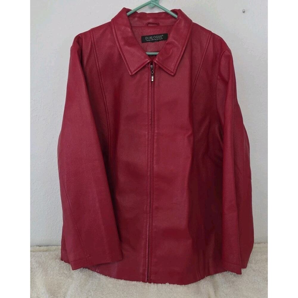 Dialogue Red Leather Coat Jacket Size 1X-2X Women's Pockets Lined Zipper *READ